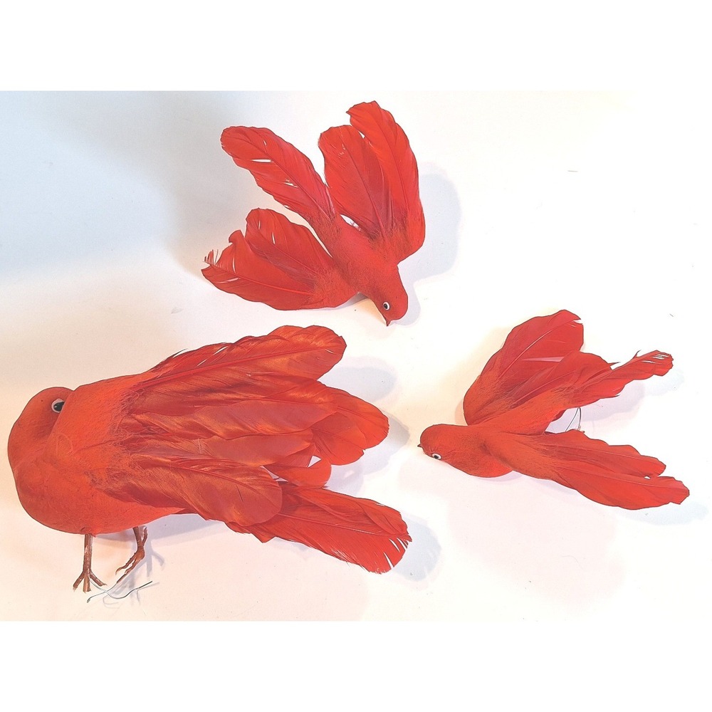 Vintage Red Feathered Bird Floral Picks Set of 3 Christmas Decor Craft Supplies